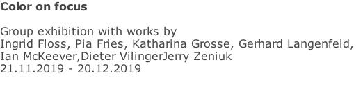 Color on focus  Group exhibition with works by Ingrid Floss, Pia Fries, Katharina Grosse, Gerhard Langenfeld,  Ian McKeever,Dieter VilingerJerry Zeniuk 21.11.2019 - 20.12.2019